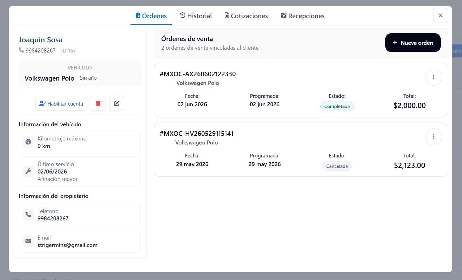 Vista de historiales y clientes en Mecanings Admin