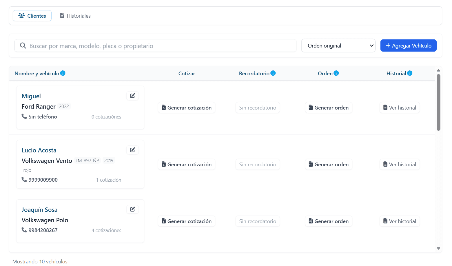 Vista de base de datos de clientes y ventas en Mecanings Admin