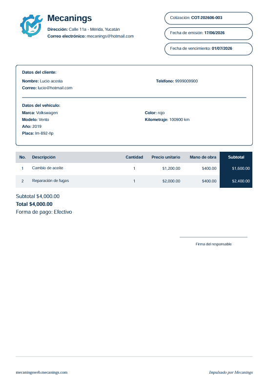 Detalle del cotizador inteligente en Mecanings Admin