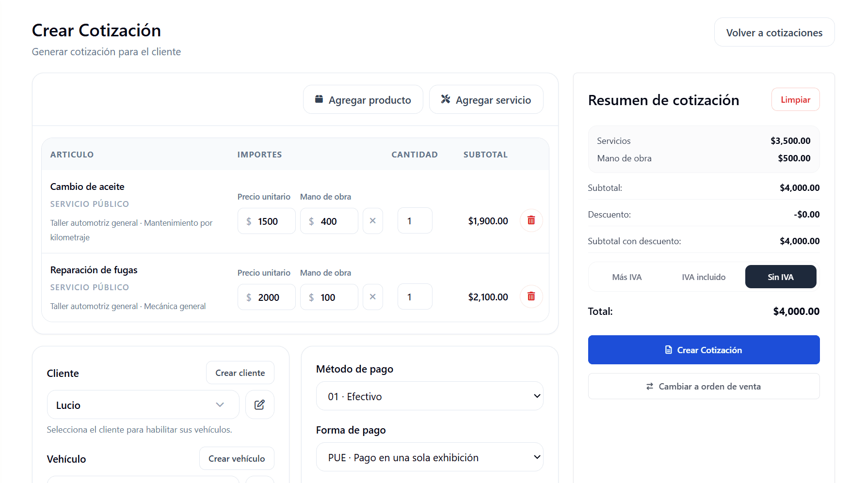 Vista del cotizador inteligente en Mecanings Admin