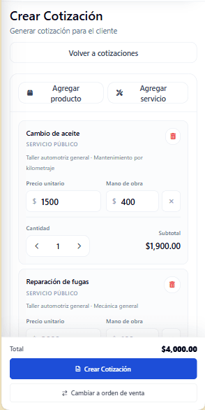 Vista móvil del cotizador inteligente en Mecanings Admin