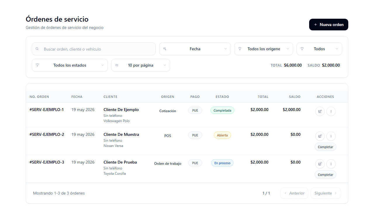 Vista del punto de venta y orden de servicio en Mecanings Admin