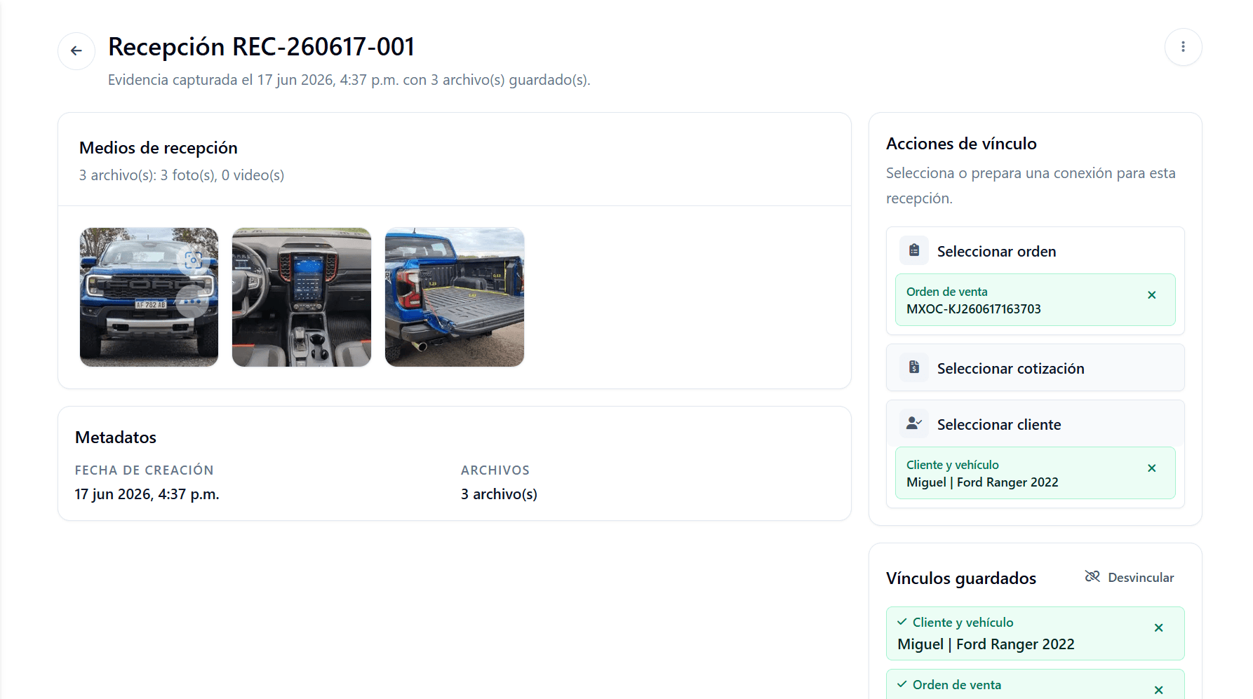 Vista de recepción vehicular para seguimiento de clientes
